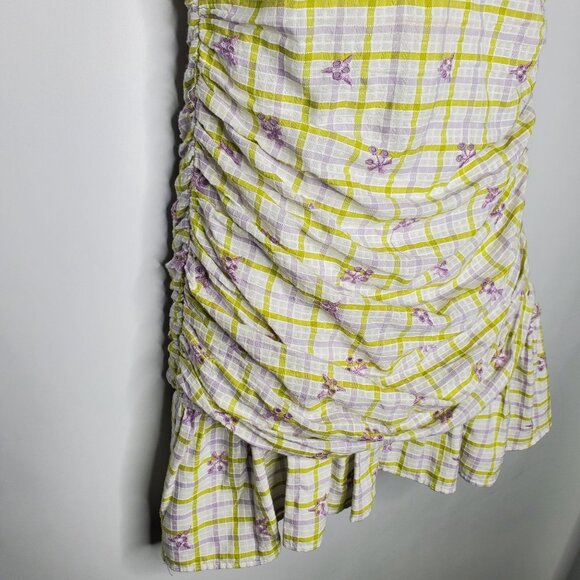 Zara Womens Embroidered Eyelet Gingham Check Mini Dress Size S Ruched Deep V - Picture 3 of 8